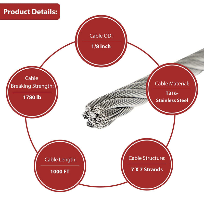 T316 Stainless Steel Cable 1/8'' x 1000 ft with a Cutter DIY Balustrades 7x7 Strands Construction Braided Stainless Wire