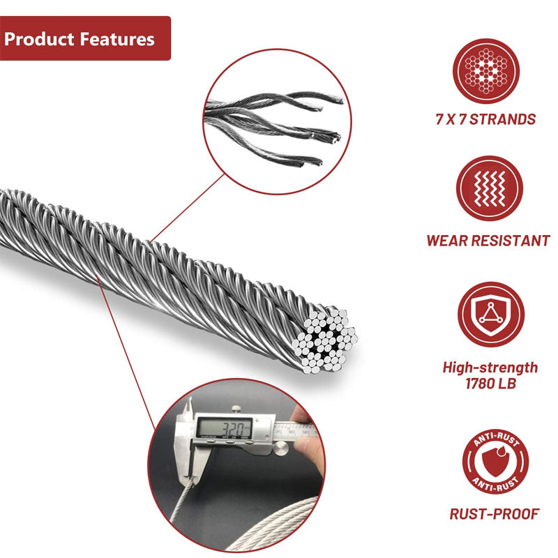 T316 Stainless Steel Cable 1/8'' x 1000 ft with a Cutter DIY Balustrades 7x7 Strands Construction Braided Stainless Wire