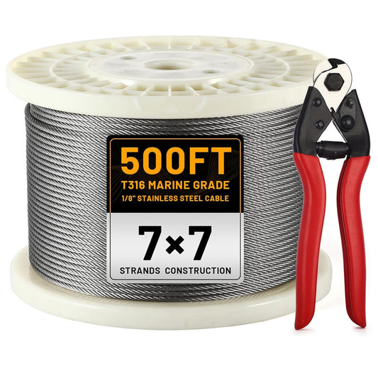 500FT 1/8" Stainless Steel Cable T316 Wire Rope Cable for Deck Cable Railing Kit 7x7 Strands Aircraft Cable for Stair Fence Deck Railing