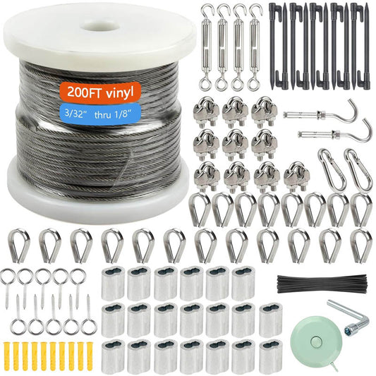 Stainless Steel Cable 1/8" Wire Rope Kit 200FT Turnbuckles for Cables Wire for Handrail Stair Decking Fence Outdoors