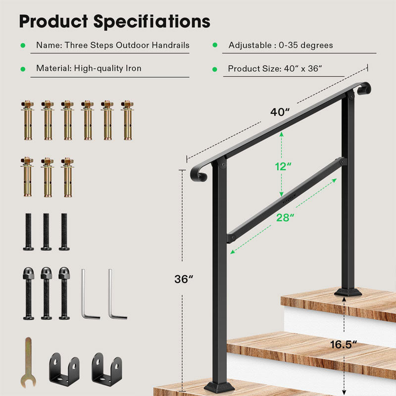 Wrought Iron 3 Step Outdoor Stair Handrail, Step Safety Non-Slip Stair Handrail, Suitable For Garden Courtyard