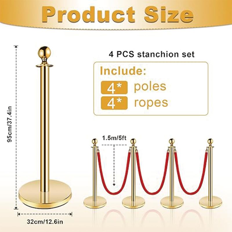 Stainlsse Steel Stanchion Post,5 FT Red Carpet Ropes, Stainless Steel Gold Stanchion with Ball Top, Red Crowd Control Barrier Used for Theaters, Party, Wedding, Exhibition, Ticket Offices 2 Pack Sets