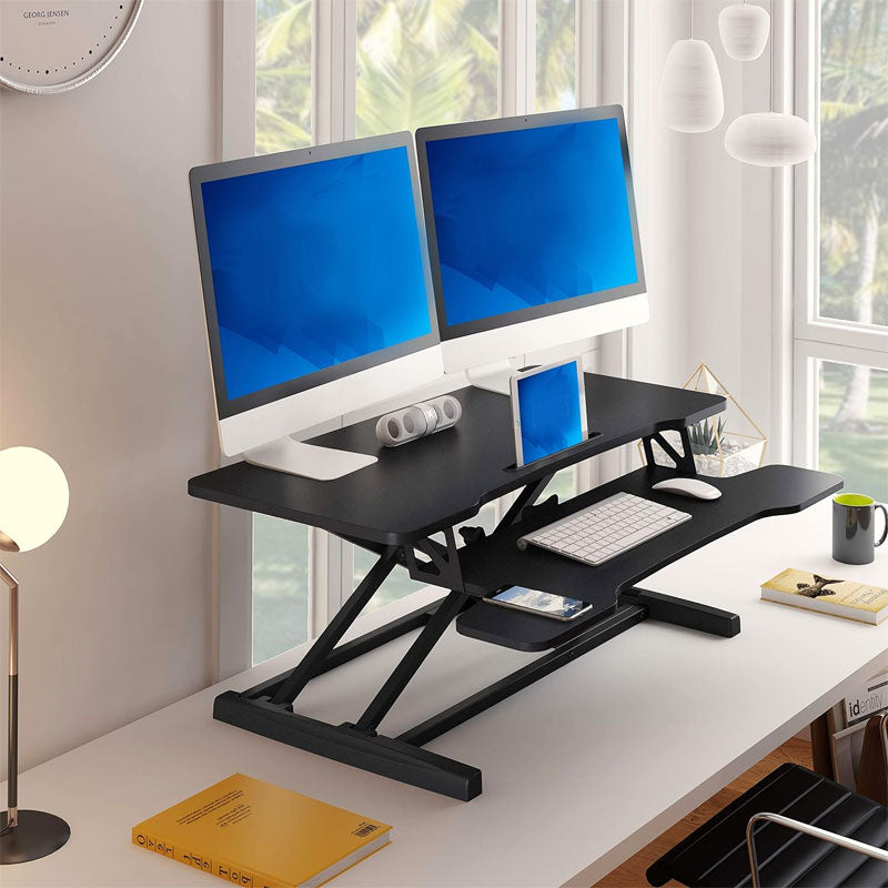 Height Adjustable Standing Desk, Standing Desk Desktop Workstation For Laptop Dual Monitor Stand Black