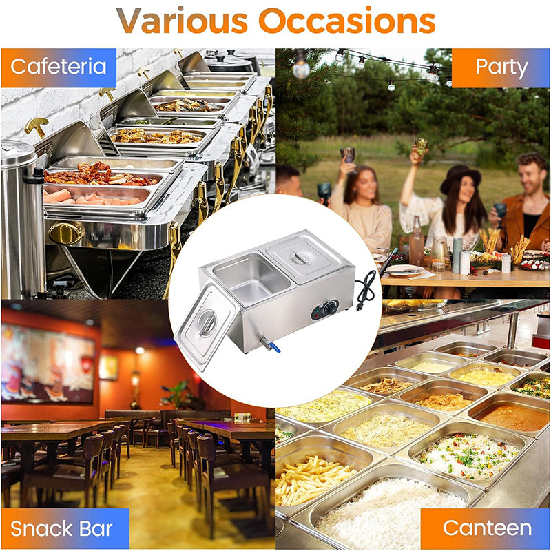 2-Pan 23Qt Stainless Steel Food Warmer 1200W Electric Steam Table Commercial Food Warmer Buffet  for Parties Catering and Restaurants