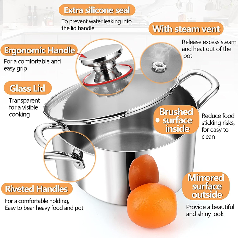 Stock Pots 4-quart stockpot with lid, stainless steel three-layer cooking noodle soup pot, suitable for gas/induction/electric stove, with glass lid and two handles, heavy-duty and dishwasher-safe