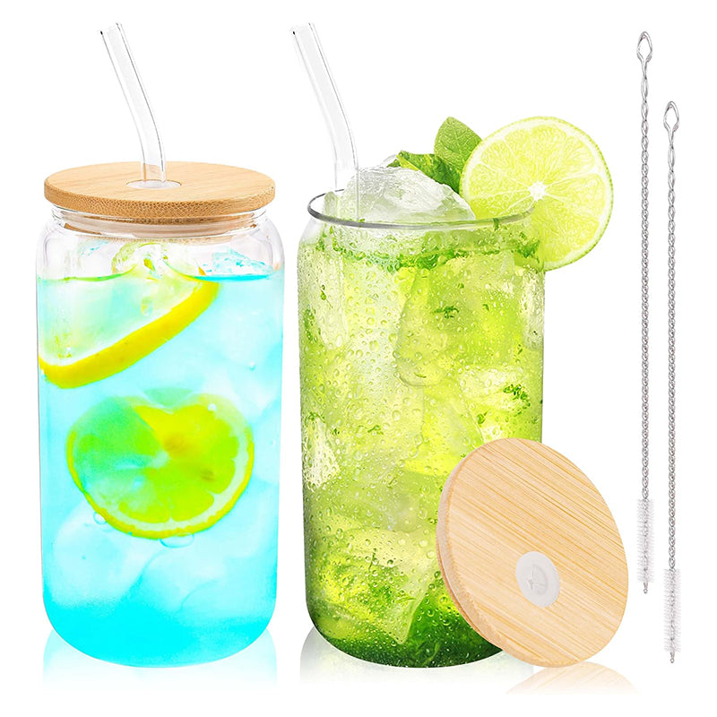 16 oz Glass Cups with Bamboo Lids and Straws Reusable Iced Coffee Cup Beer Can Drinking Jars for Smoothie Whiskey Boba Soda Tea