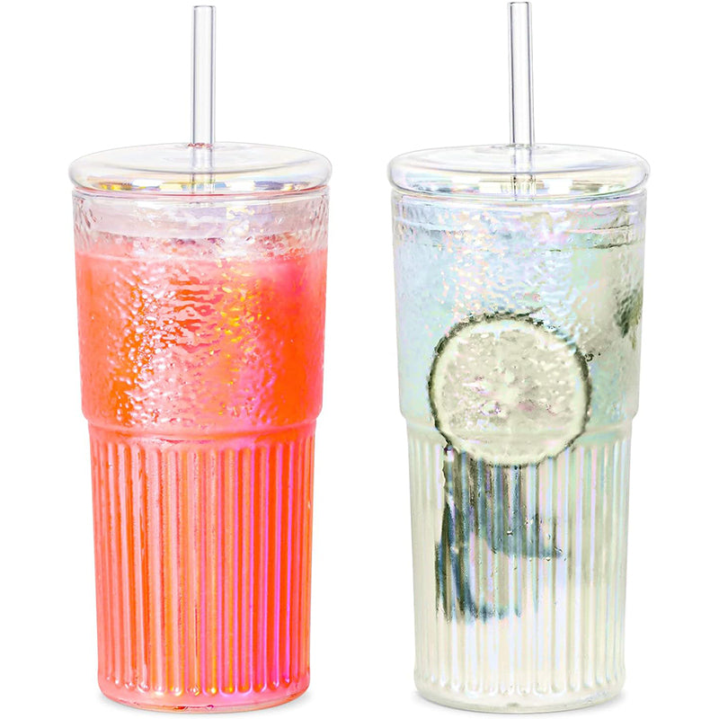 20oz Rainbow Iced Coffee Water Tumbler Straw Cup High Borosilicate Smoothie Glass Cups With Lids and Glass Straws