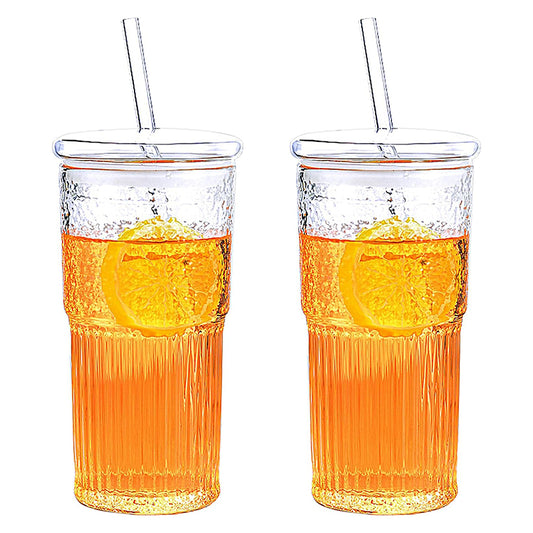 20 oz Glass Tumblers with Lids Smoothie Cup 2-Piece Set, Glass Cups Straw Cup for Water Smoothies Juice Iced Tea Drinks