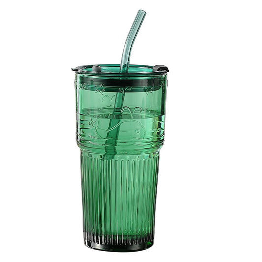 Water Cup Straw Cup Glass Cup With Lid Juice Drink Milk Tea Cup, Office 2 Pieces-Emerald Green-410ml