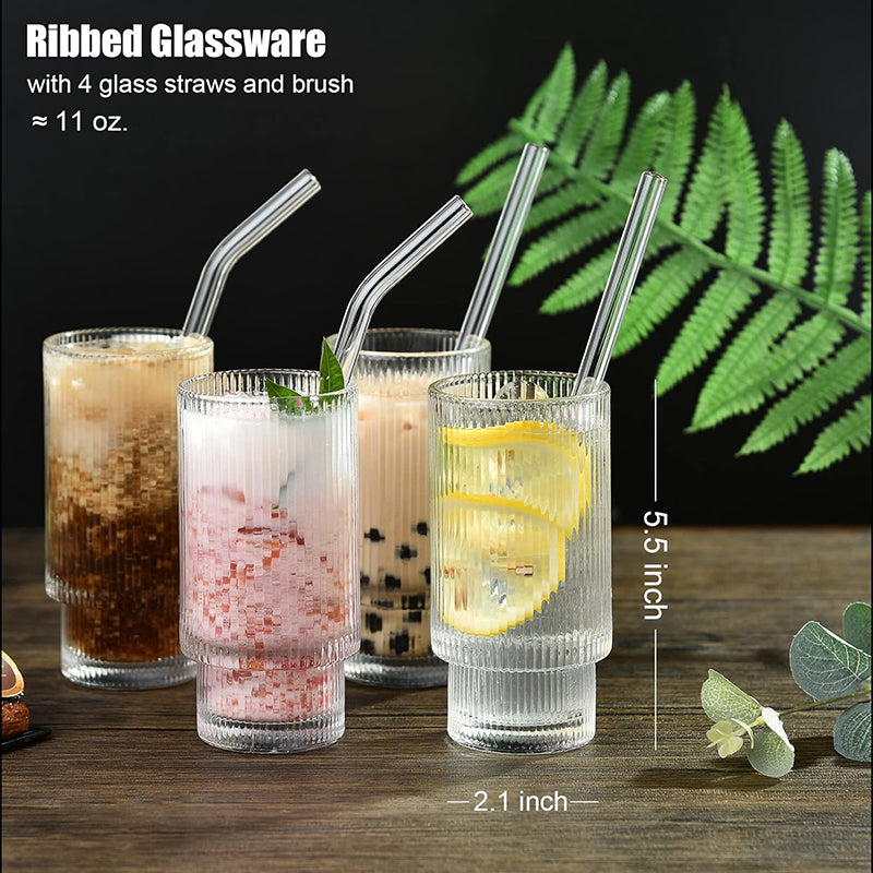 12 oz Ribbed Glassware Drinking Glasses with Straws Set of 4, Iced Coffee Cups Glass Tumbler for Cocktail, Whiskey, Beer, Water