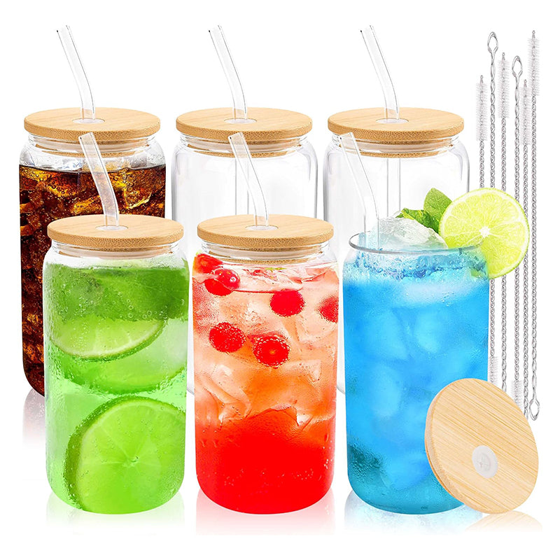 16 oz Glass Cups with Bamboo Lids and Straws Reusable Iced Coffee Cup Beer Can Drinking Jars for Smoothie Whiskey Boba Soda Tea