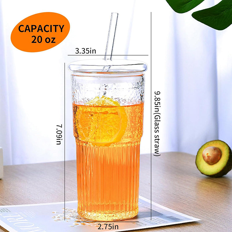 20 oz Glass Tumblers with Lids Smoothie Cup 2-Piece Set, Glass Cups Straw Cup for Water Smoothies Juice Iced Tea Drinks