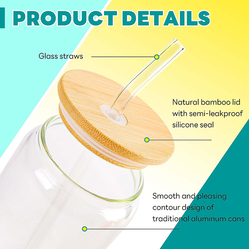 16 oz Glass Cups with Bamboo Lids and Straws Reusable Iced Coffee Cup Beer Can Drinking Jars for Smoothie Whiskey Boba Soda Tea