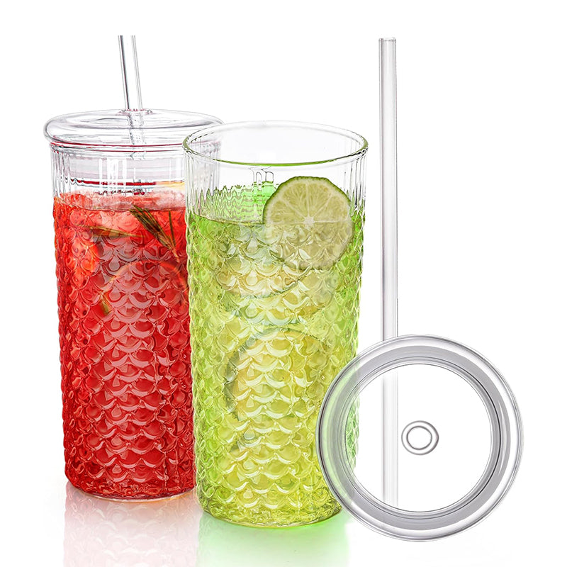 25 OZ 2 Pack Glass Tumbler Cup With Lids and Straws Embossed Fish Scale Glass Travel Mug for Smoothie Bubble Tea Juice Milk Water