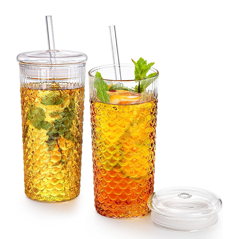 25 OZ 2 Pack Glass Tumbler Cup With Lids and Straws Embossed Fish Scale Glass Travel Mug for Smoothie Bubble Tea Juice Milk Water