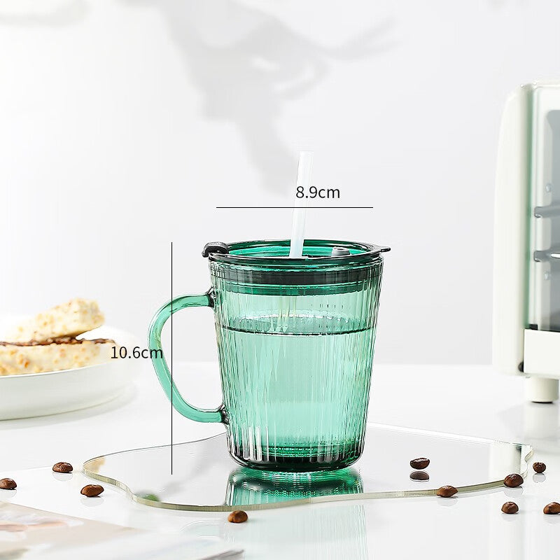 Water Cup Straw Cup Glass Cup With Lid Juice Drink Milk Tea Cup, Office 2 Pieces-Emerald Green-410ml