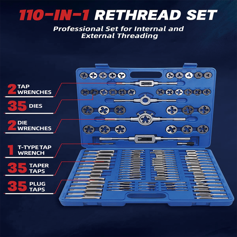 Tap and Die Set, 110PCS Metric Tap and Die Rethreading Kit, Metric Size M3 to M16 for Cutting External and Internal Threads