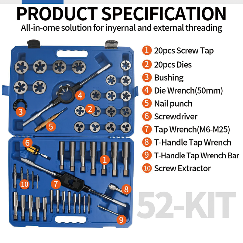 51PCS Tap and Die Set, Metric Standard Rethreading Kit, Internal Threads,Essential Repair Tool Kit with Thread Wrench