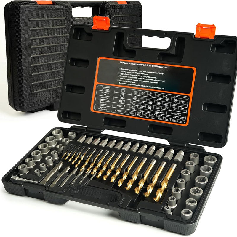 Tap Extractors 62Pcs Screw Extractor Set with Left Hand Drill Bit for Broken Nuts Bolts Stripped Screw Remove with Portable Case