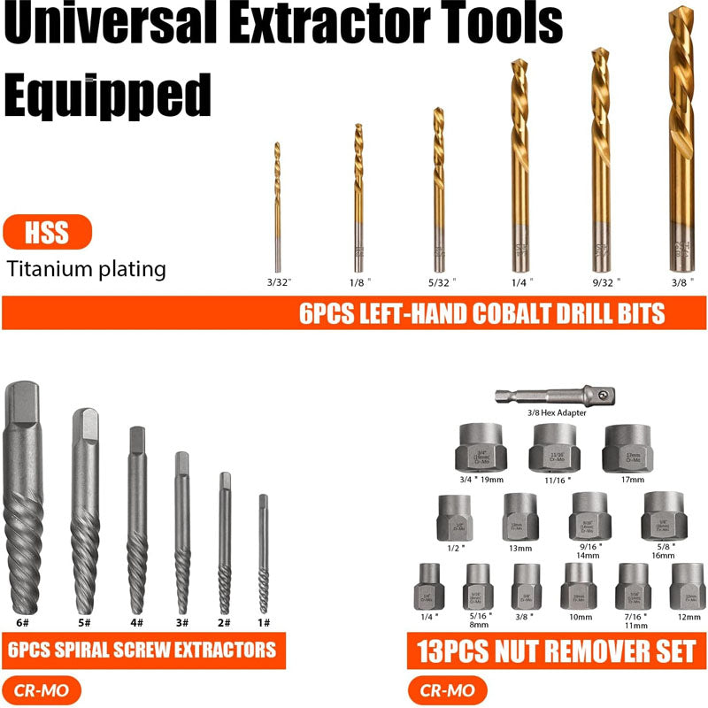 Tap Extractors 26Pcs Bolt Extractor Kit and Left Handed Drill Bit for Damaged Stripped Broken Lug Nut Bolt and Nut Remove with Hex Adapter