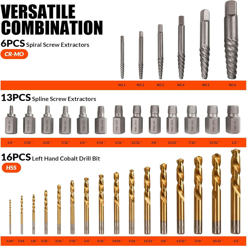 Tap Extractors 35 Pcs Screw Extractor and Left Hand Drill Bits Set with HSS Steel Reverse Drill Bit for Broken Nuts, Stripped Bolts Remove