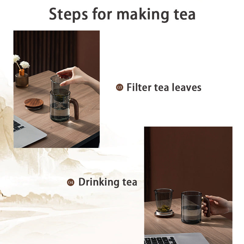 Tea Cup, Glass Tea Cup, Tea And Water Separation Cup, Wooden Handle Tea Cup, Filter Integrated Tea Cup