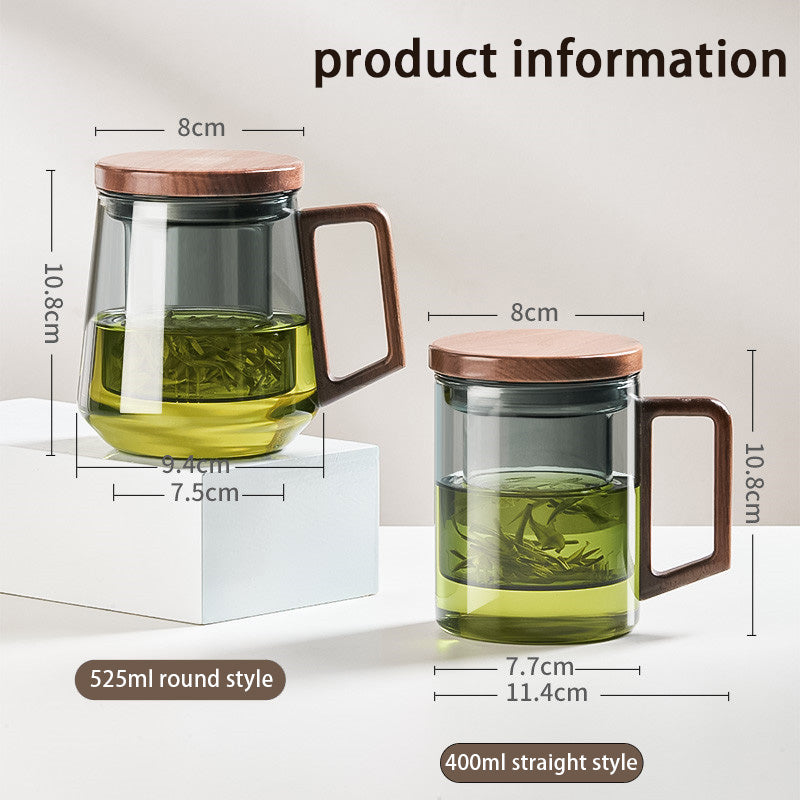 Glass Tea Cup, Side Wood Handle Glass, Green Dull Color Lingkong Tea Cup, Tea And Water Separation, Office Drinking Tea Cup, Scented Tea Cup