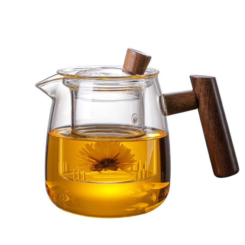 Glass Teapot, Wooden Handle Teapot, High Temperature Resistant Tea Water Separation Household Kung Fu Tea Maker Scented Tea Teapot