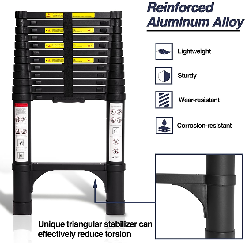 12.5ft Aluminum Telescopic Ladder, Lightweight Multipurpose Foldable Extension Ladder with 2 Triangular Stabilizers, Maximum Load Capacity 330lbs, Suitable for Home, RV and Outdoor Work, Black