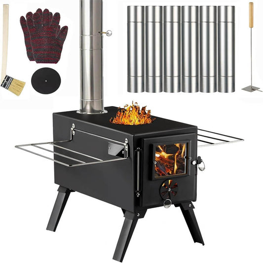 Tent Wood Stove Small Wood Stove with 7 Stainless Chimney Pipes for Outdoor Heating & Cooking