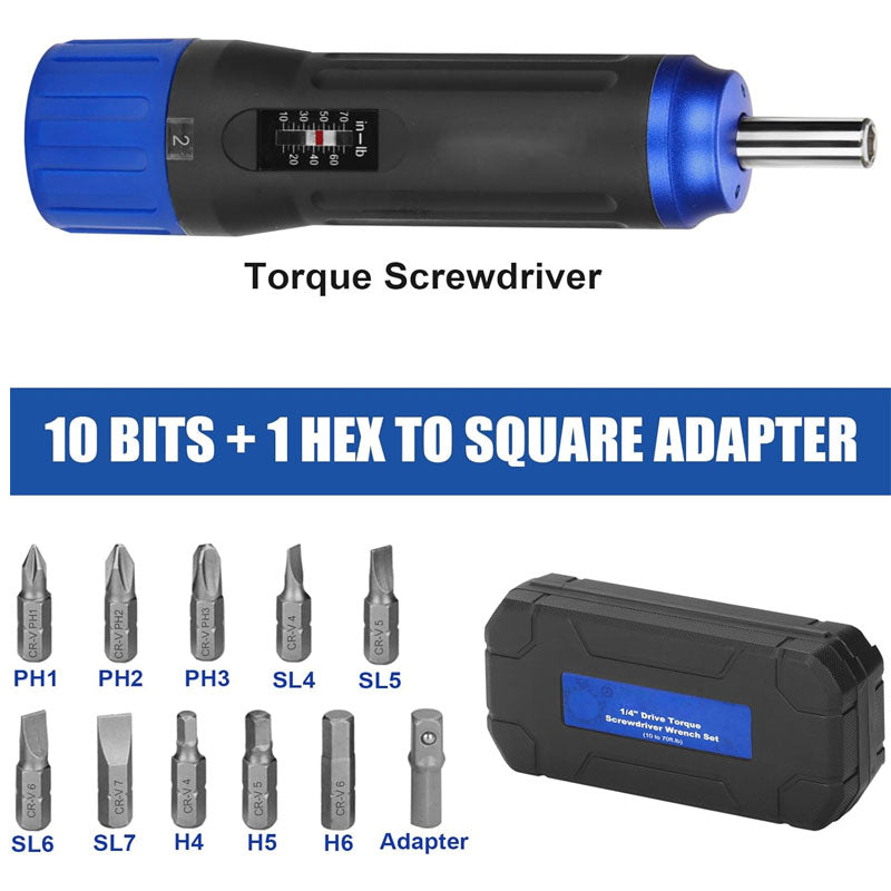 1/4 inch Drive Torque Screwdriver  Wrench 10 to 70 Inch Pounds Torque Wrench with Bits &Case