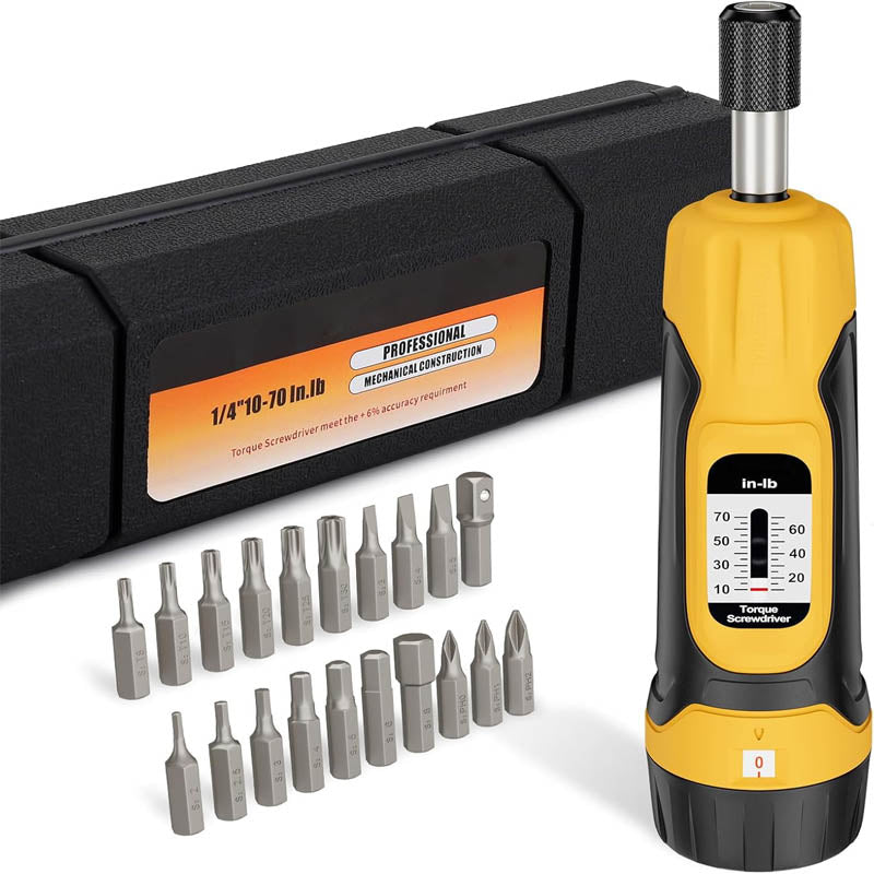 1/4”Torque Screwdriver 10-70 in-lbs Torque Wrench Screwdriver Set  with 20 S2 Bits and Case for Tools