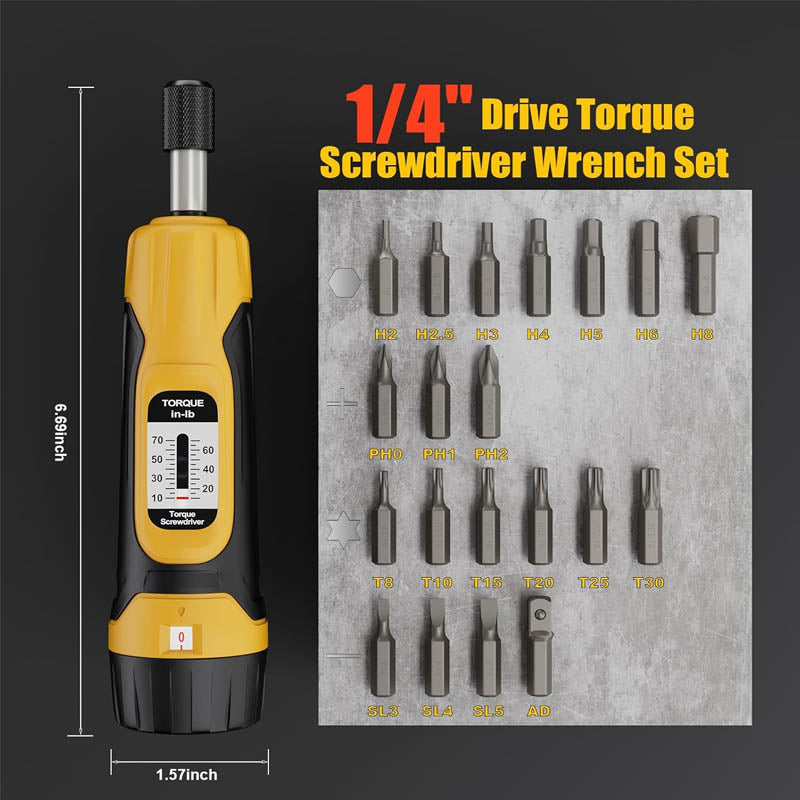 1/4”Torque Screwdriver 10-70 in-lbs Torque Wrench Screwdriver Set  with 20 S2 Bits and Case for Tools