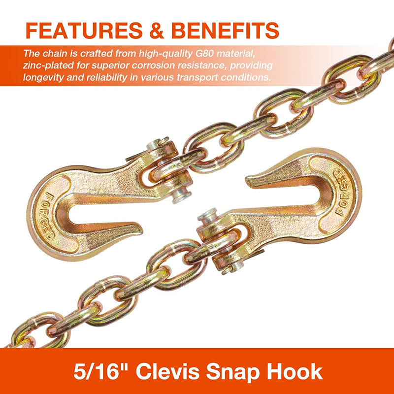 Transport Binder Chain 5/16''x20' G80 Tow Chain with Grab Hooks 4900lbs SWL" Logging Chain for Transporting Towing, Tie Down