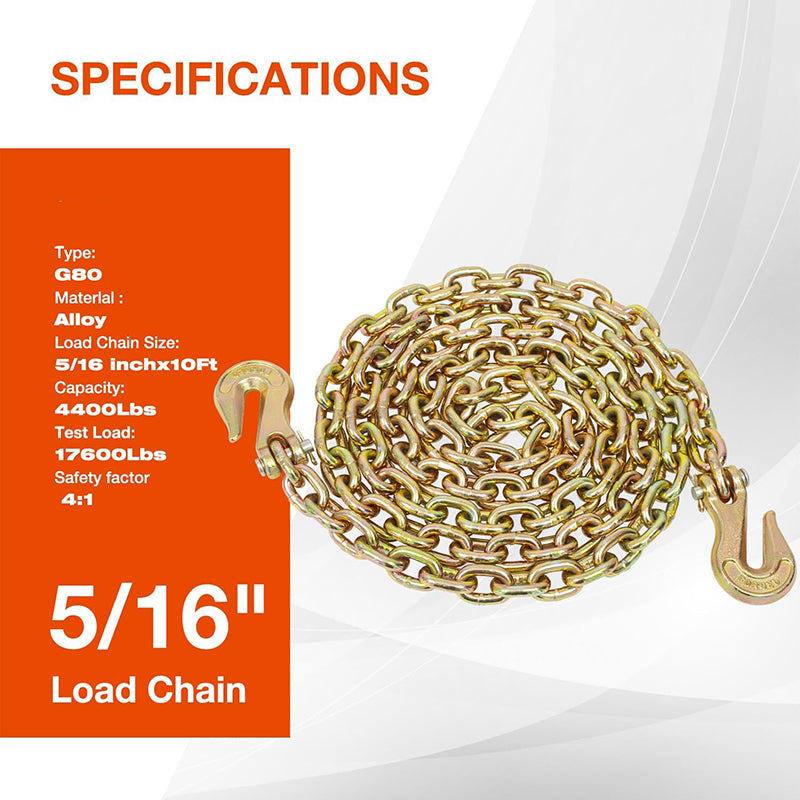 Transport Binder Chain 5/16''x20' G80 Tow Chain with Grab Hooks 4900lbs SWL" Logging Chain for Transporting Towing, Tie Down