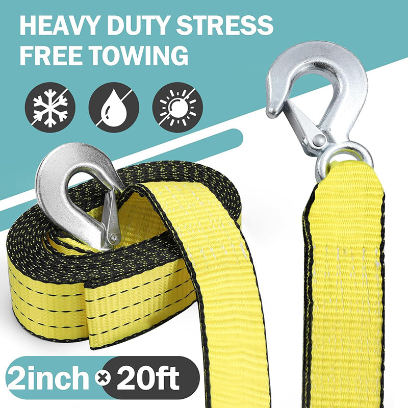 Heavy Duty Tow Straps with Hooks 2”x20’ 15,000 LBS Metal Safety Hooks Woven Polyester Webbing for Trailers and Farm Cleaning