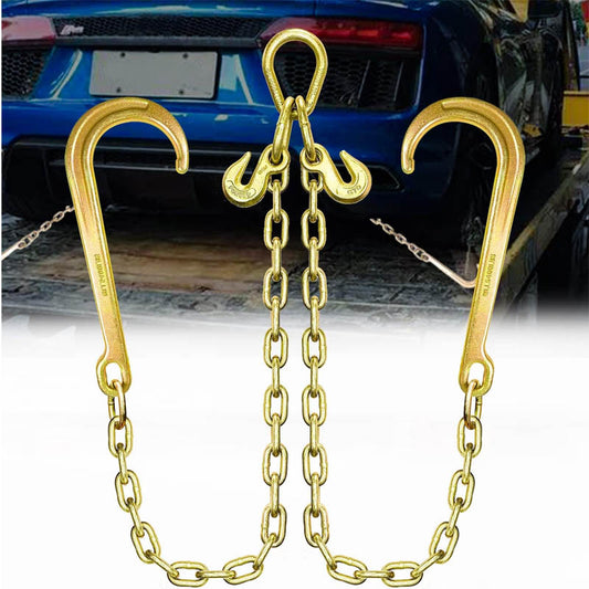 Tow Chain 3/8In x 2Ft Towing Chain Bridle with J Hooks and Grab Hooks Grade 80 Chain V-Bridle