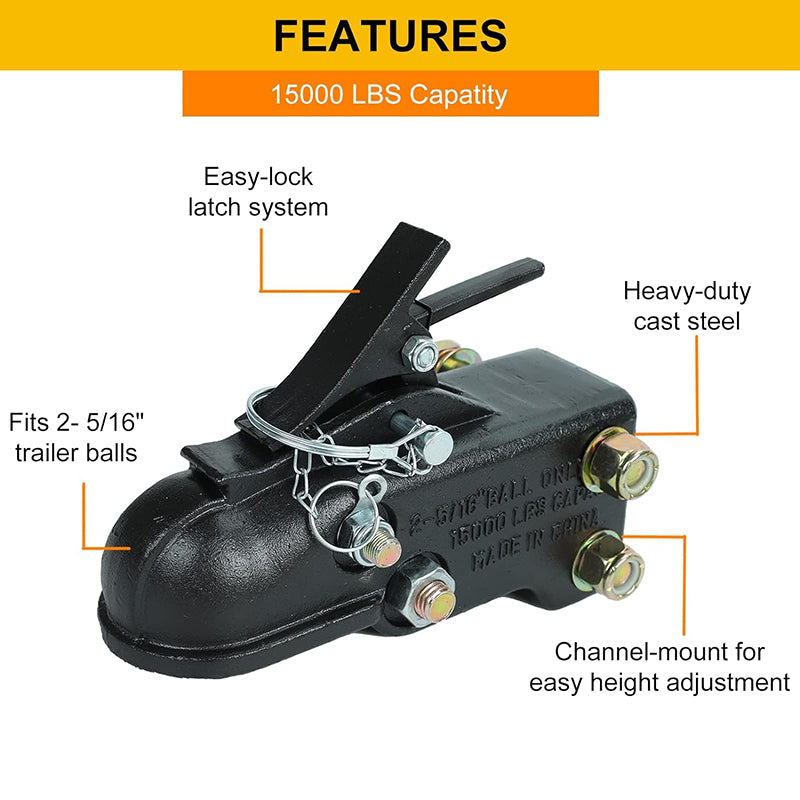 15000LBS Capacity Channel-Mount Coupler with Hardware Kit Heavy Duty Cast Adjustable Trailer Coupler 2-5/16 in