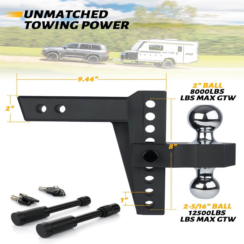 Trailer Hitch Lock Adjustable Drop Hitch with Anti-Theft Locking Hitch Pins 8-Inch Drop/Rise Hitch(Black)