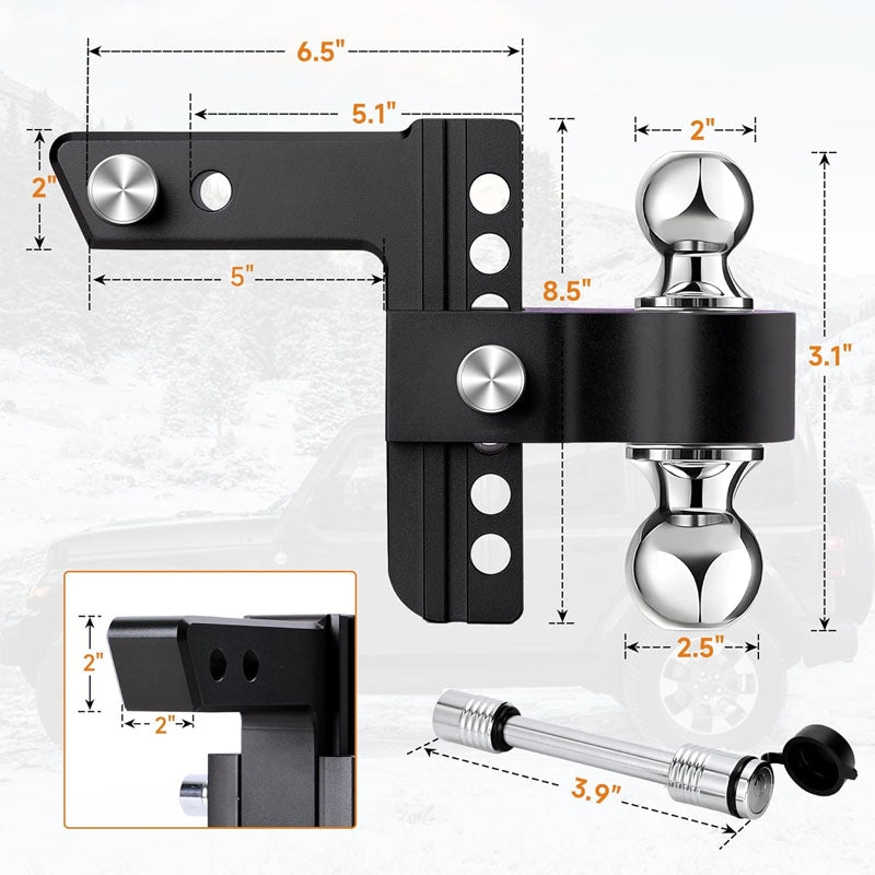 Adjustable Trailer Hitch with 6 INCH Adjustable Drop Hitch Ball Mount 2 INCH Receiver with Key Lock for Truck Towing