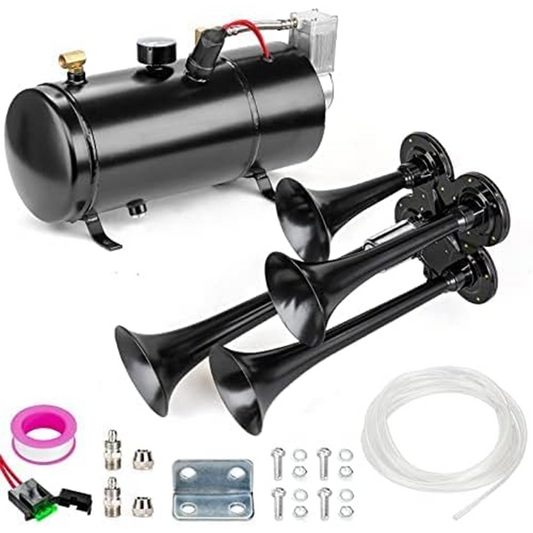 Train Horn Kit, Truck Train Horn Kit, 4 Small Air Horn Kit with 150 PSI 12V Air Horn Compressor Tank (0.8 Gallon / 3 Liter Tank) for Any Vehicle Truck Car SUV or Boat