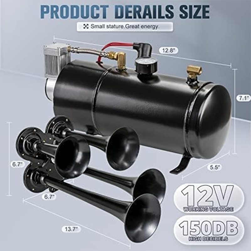 Train Horn Kit, Truck Train Horn Kit, 4 Small Air Horn Kit with 150 PSI 12V Air Horn Compressor Tank (0.8 Gallon / 3 Liter Tank) for Any Vehicle Truck Car SUV or Boat