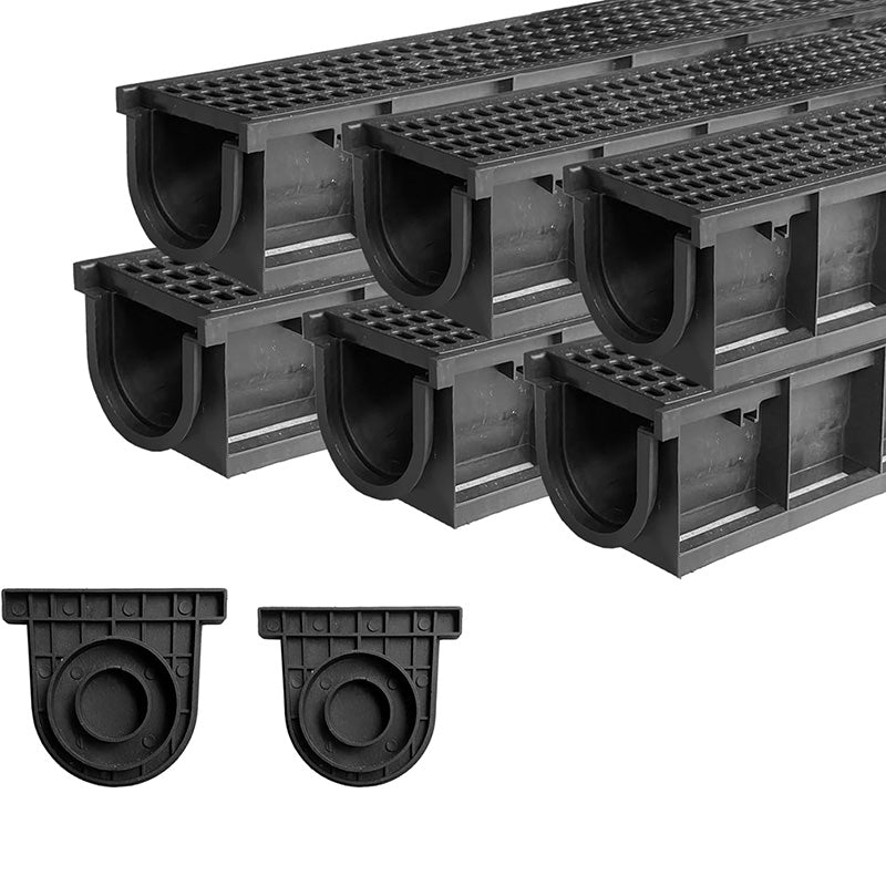 39.4Lx6.1Wx5.5H in. Channel Drain with Grates 6 Pack Plastic Trench Drain System Deep Profile HDPE Trench Drain for Outdoor,Downspout,Yard Fence,Pool,Sidewalk,Patio