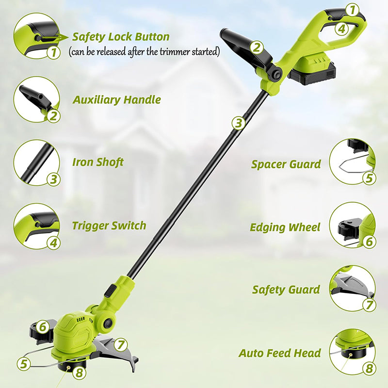 12-inch 20V Cordless String Trimmer Auto Line Feed Lawn Edger with 8 Pcs Grass Cutter Spool Line and 2 Spool Cap