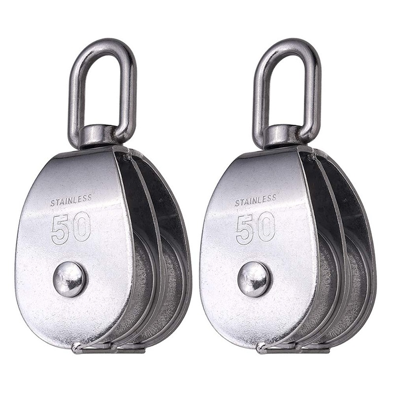 2 Pack M50 Lifting Double Pulley Block 304 Stainless Steel Crane Swivel Hook Double Pulley Roller Loading