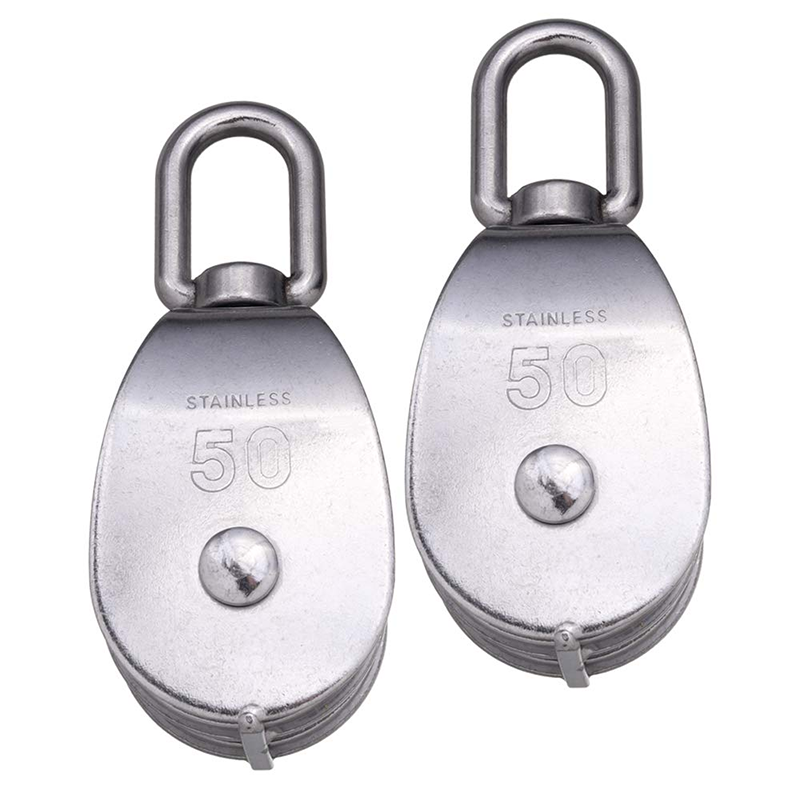 2 Pack M50 Lifting Double Pulley Block 304 Stainless Steel Crane Swivel Hook Double Pulley Roller Loading