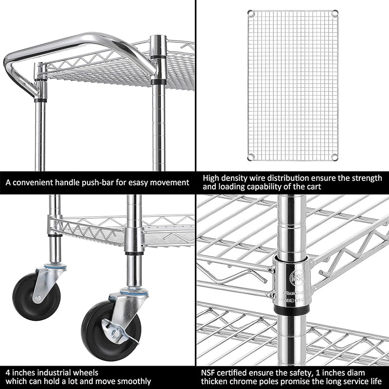 3 Tier Heavy Duty Commercial Grade Utility Cart Rolling Cart with Handle Bar Utility Shelf Plant Display Shelf Food Storage Trolley