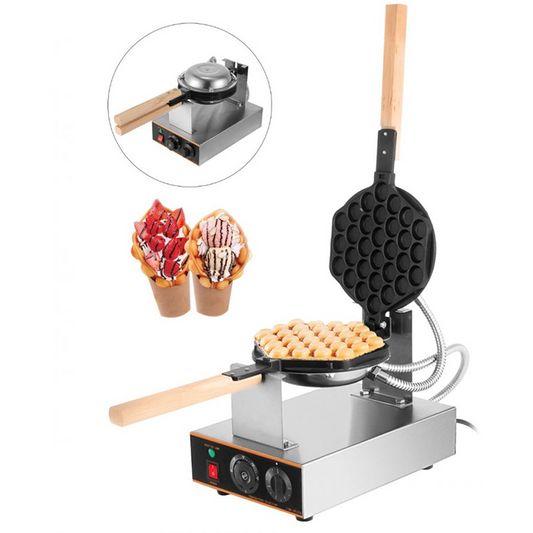 Inclined Single Head Egg Waffle Maker Commercial Bubble Waffle Maker, 1200W Egg Puff Iron With 180° Rotating Pan And Wooden Handle, Stainless Steel Bake Oven With Non-Stick Teflon Coating, 50-250°C/122-482°F Adjustable
