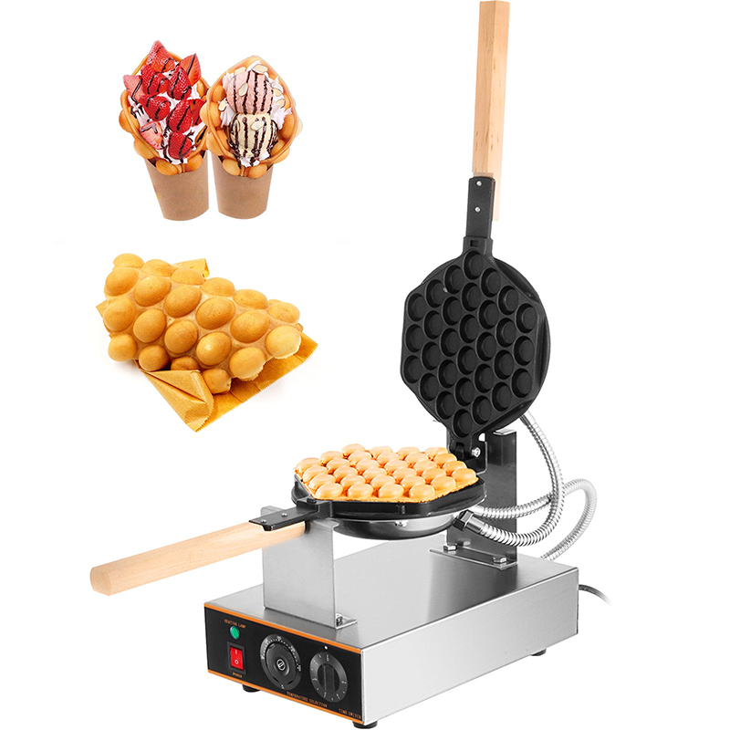 Inclined Single Head Egg Waffle Maker Commercial Bubble Waffle Maker, 1200W Egg Puff Iron With 180° Rotating Pan And Wooden Handle, Stainless Steel Bake Oven With Non-Stick Teflon Coating, 50-250°C/122-482°F Adjustable