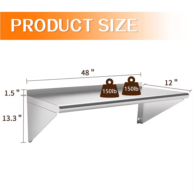 Wall Stainless Steel Shelf, Wall Mounted Floating Shelving For Restaurant, Kitchen, Home And Hotel